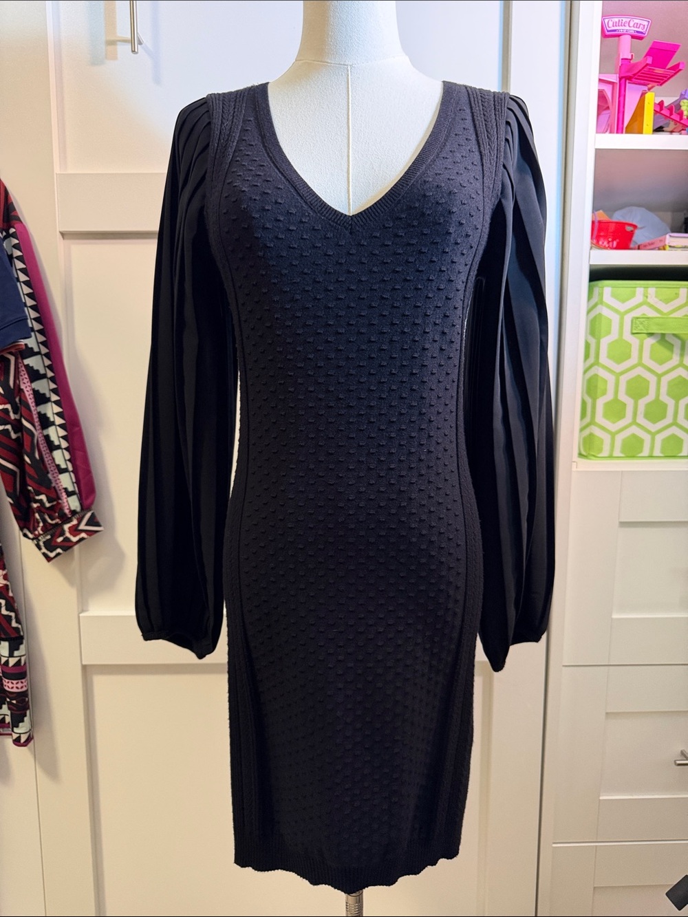 White House Black Market Black V-Neck Knit Dress with Long Pleated Sleeves